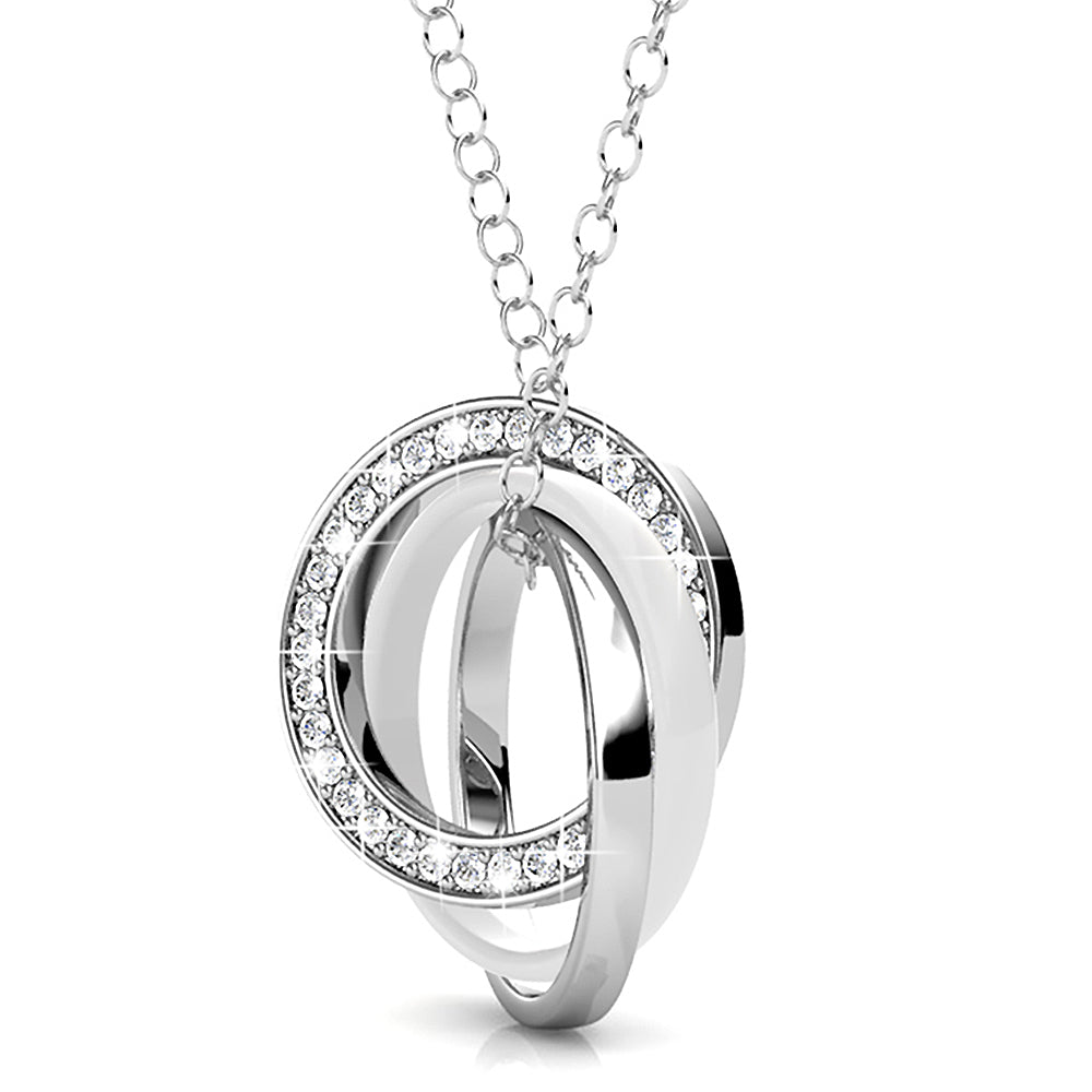 White Gold Triple Interlocking Ring White Pendant Necklace Embellished with Swarovski crystals