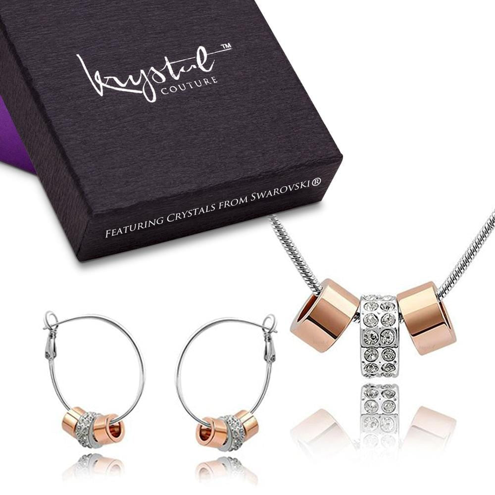 Two Tone Charm Necklace and Earrings Set Flat Embellished with Swarovski crystals - Brilliant Co