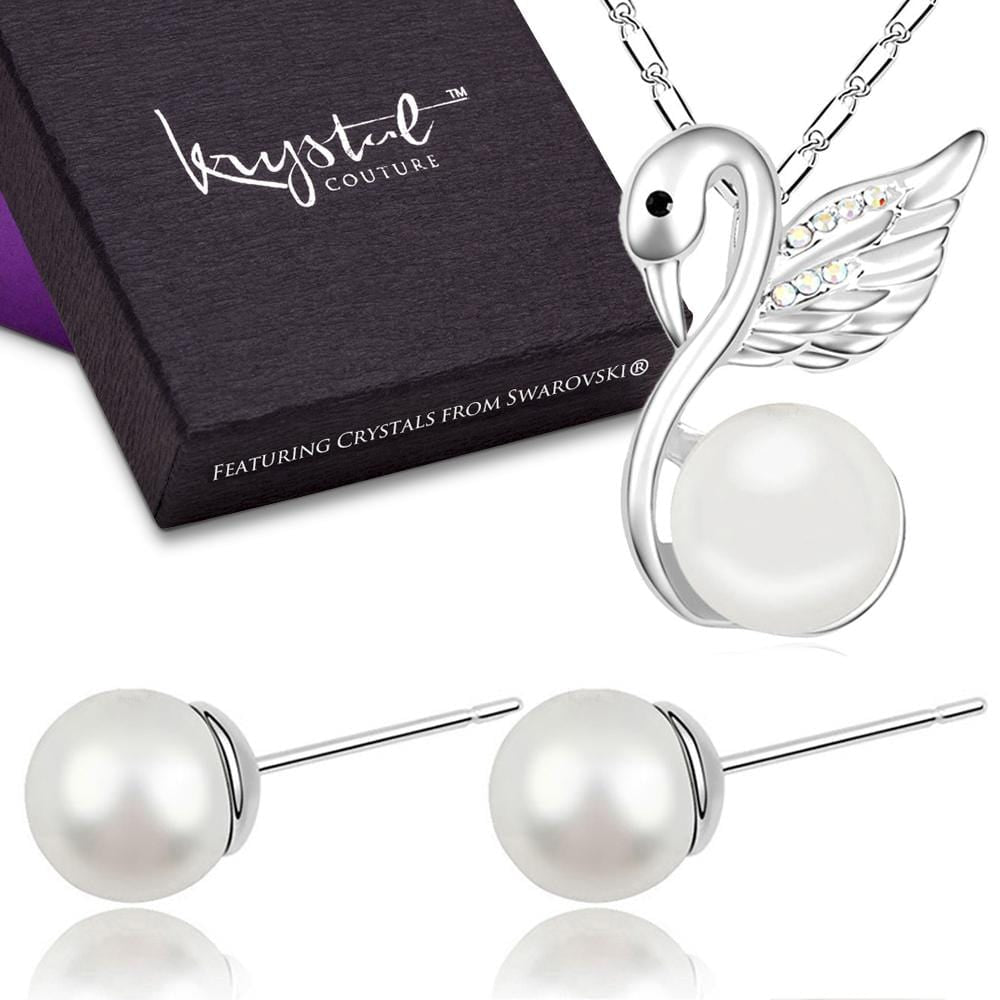 Snowwhite Swan Necklace & Earrings Set w/Swarovski® Crystals & Pearls - Brilliant Co