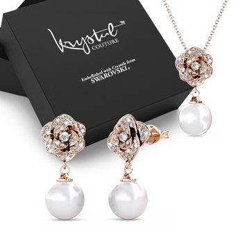 Boxed Flower Blush Jewellery Set Embellished with Swarovski Pearl in Rose Gold