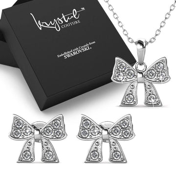 Boxed Ribbon Tie Necklace and Earrings Set Embellished with Swarovski crystals - Brilliant Co