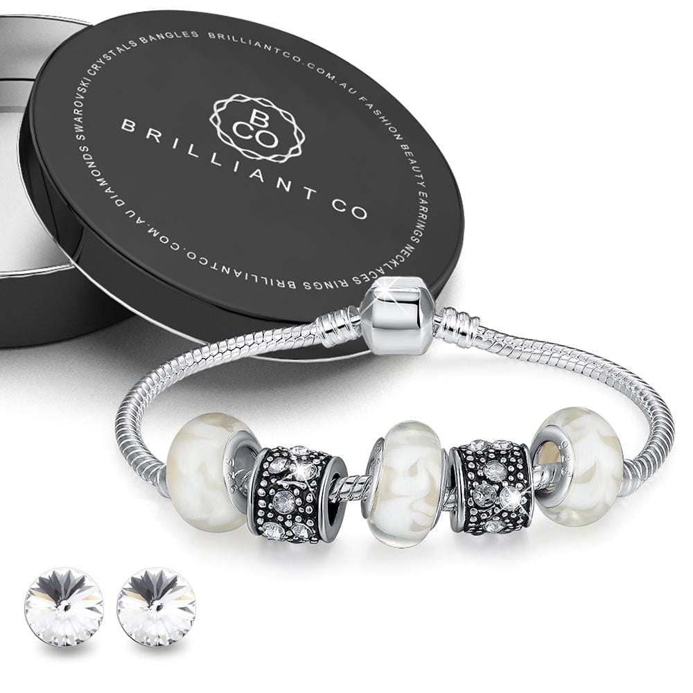 Boxed Pandora Inspired Full Set Beaded Charm Bracelet - White - Brilliant Co
