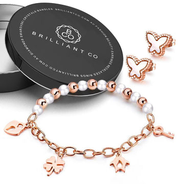 Boxed 18ct Rose Gold Charm Bracelet and Butterfly Earrings Set - Brilliant Co