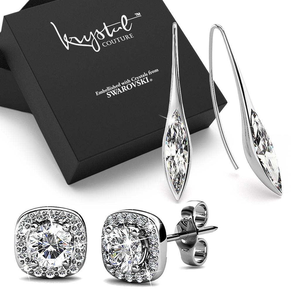 Boxed 2 Pairs 18K White Gold Earrings Set Embellished with Swarovski crystals - Brilliant Co