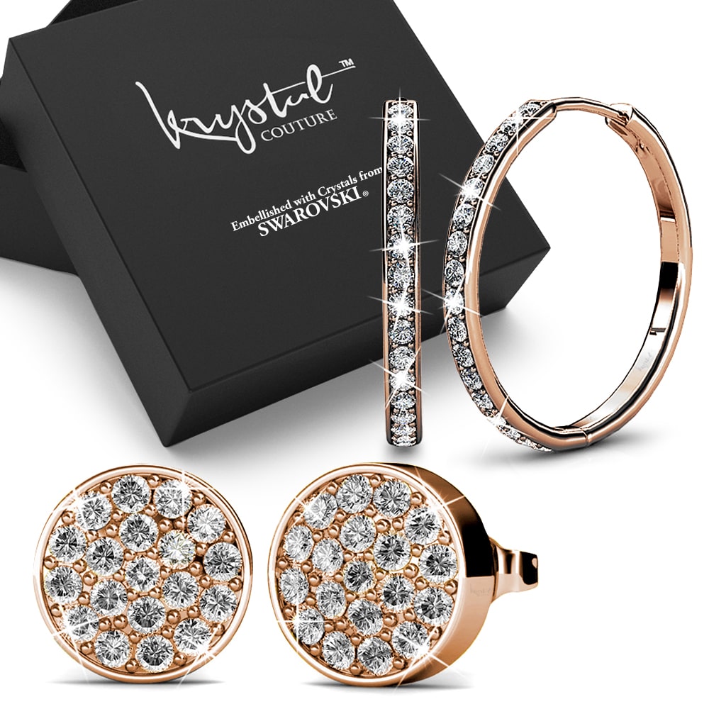 Boxed 2 Pairs 18 Rose Gold Earrings Set Embellished with SWAROVSKI® crystals