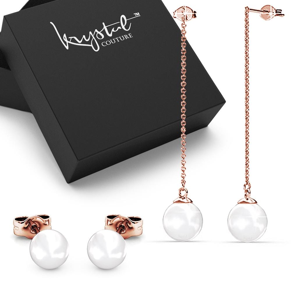 Boxed 2 Pairs 18K Rose Gold Pearl Earrings Set Embellished with Swarovski Pearls - Brilliant Co