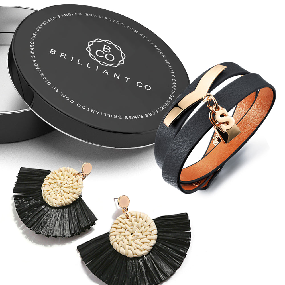Boxed Black Leather Wrap Bracelet and Fan Raffia Earrings Set