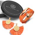 Boxed Brown Leather Wrap Bracelet and Fan Raffia Earrings Set