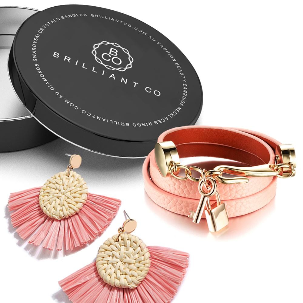 Boxed Pink Leather Wrap Bracelet and Fan Raffia Earrings Set - Brilliant Co