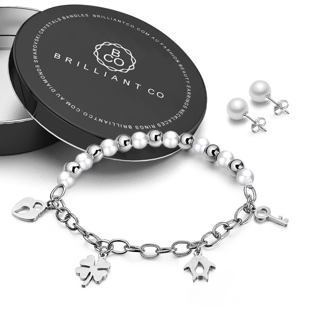 Boxed Charm Bracelet and Pearl Stud Earrings Set - Brilliant Co