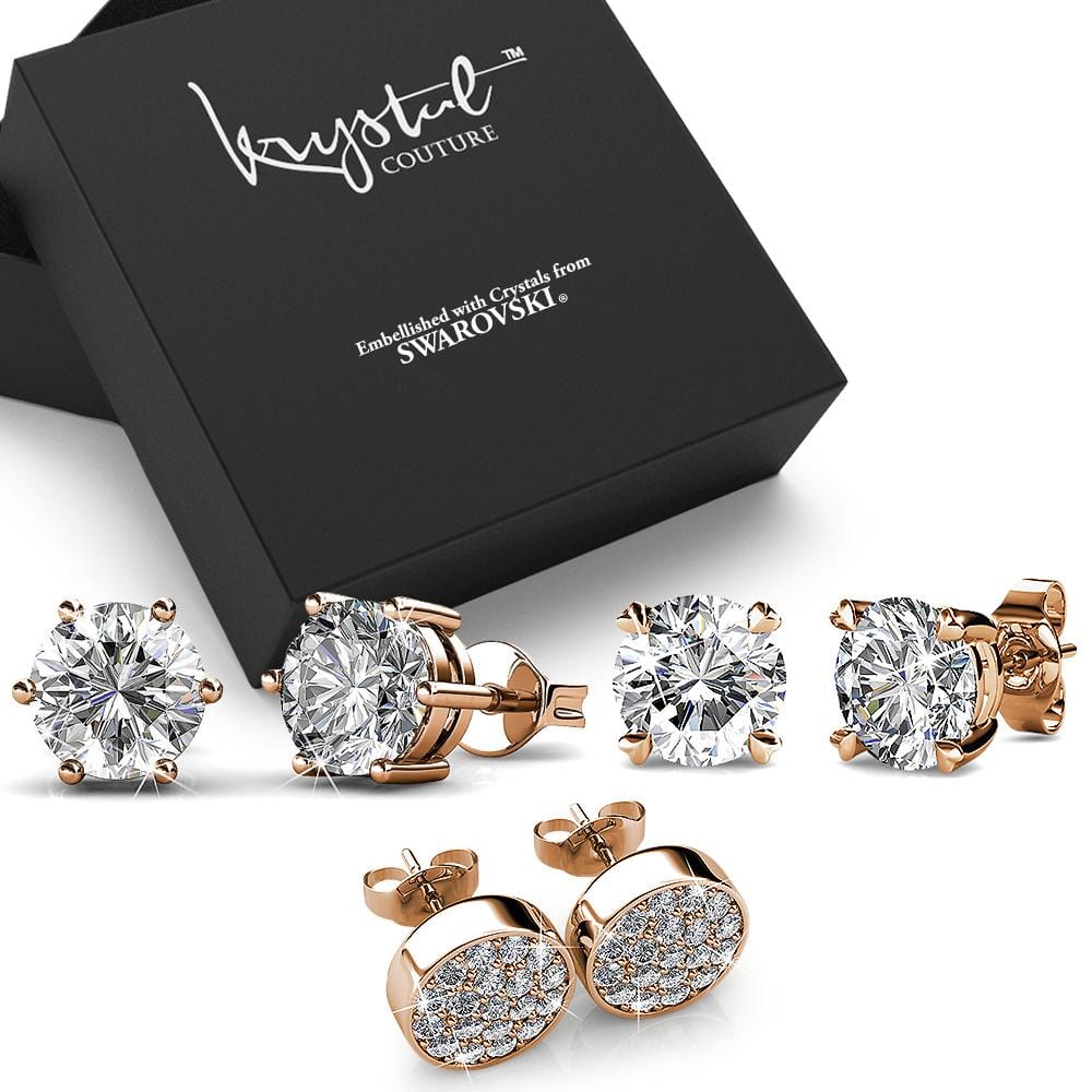 Boxed 3 Pairs of Rose Gold Earrings Set Embellished with Swarovski Crystals - Brilliant Co