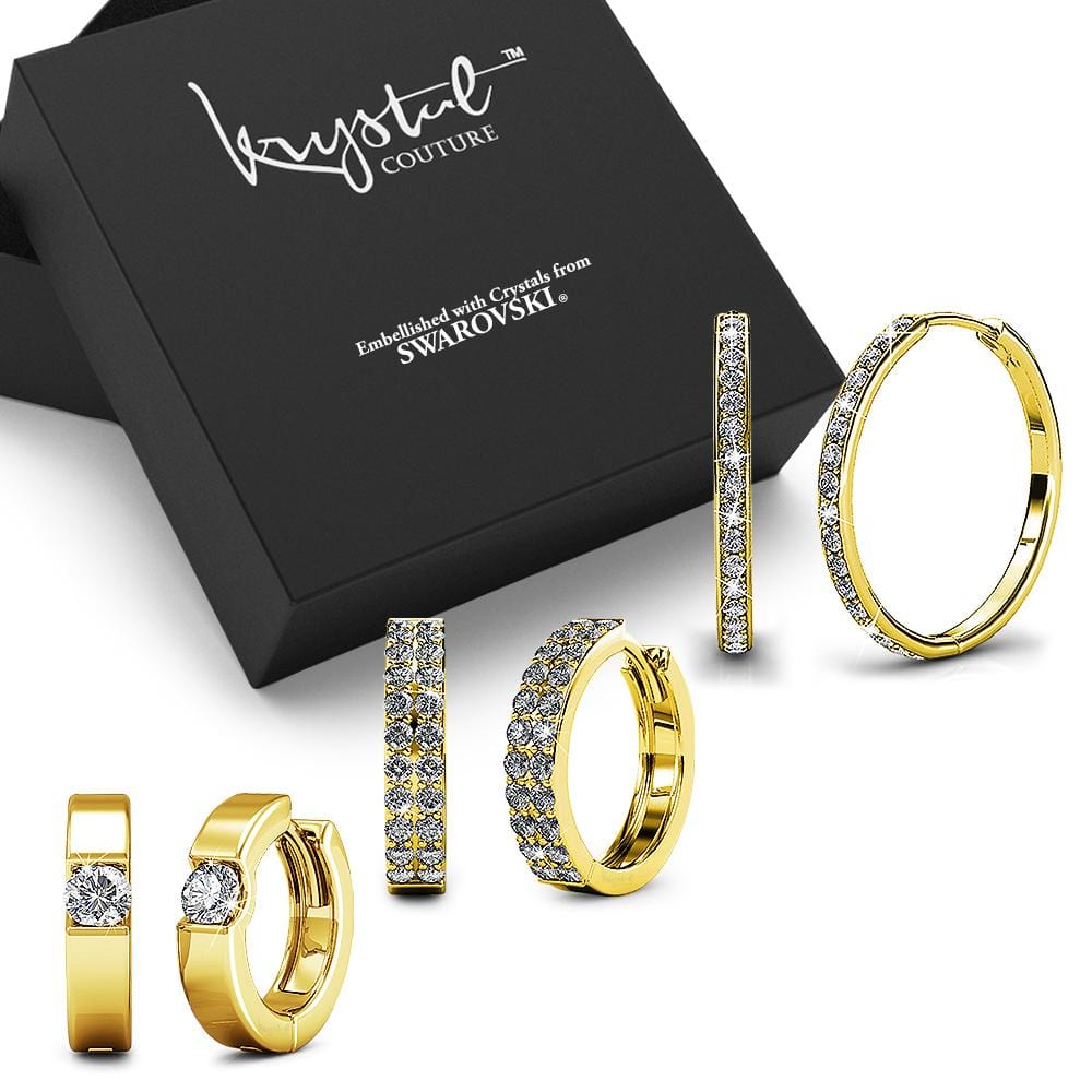 Boxed 3 Pairs of Gold Earrings Set Embellished with Swarovski Crystals - Brilliant Co