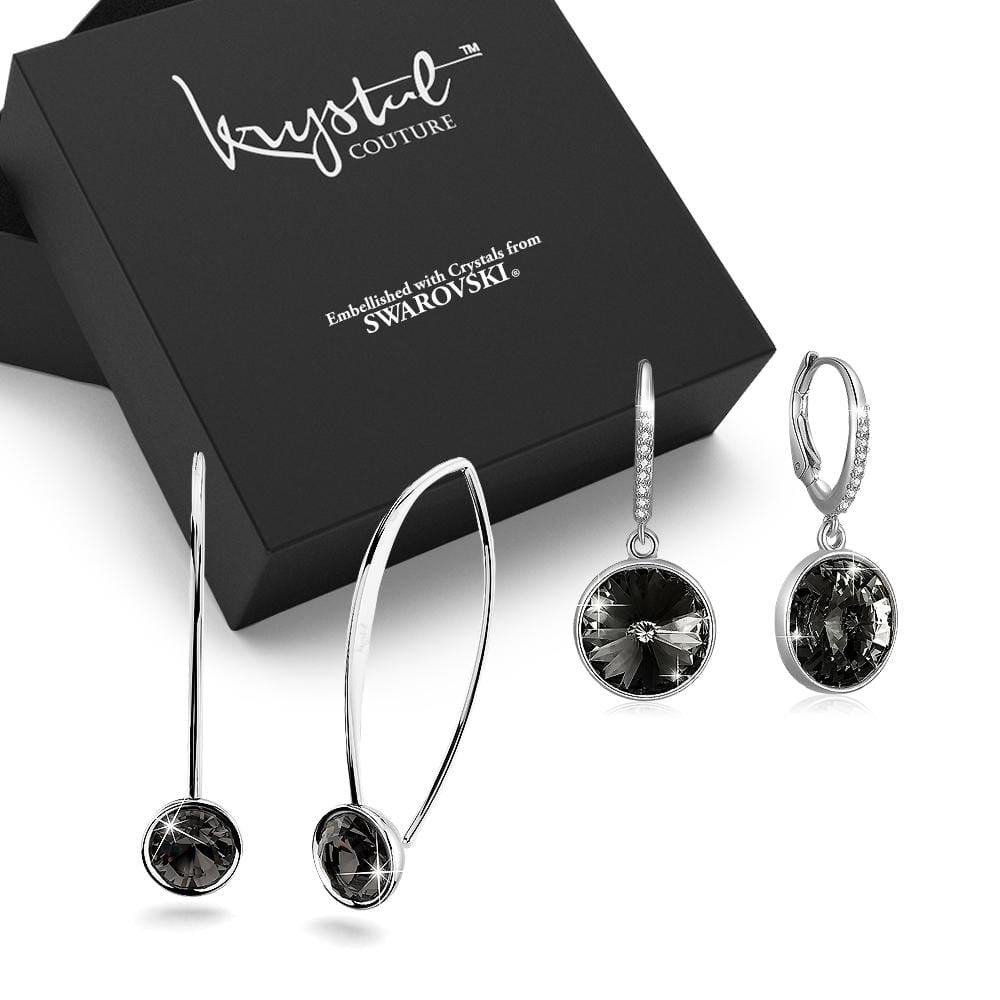 Boxed 2 Pairs of White Gold Earrings Set Embellished with Swarovski Crystals - Brilliant Co