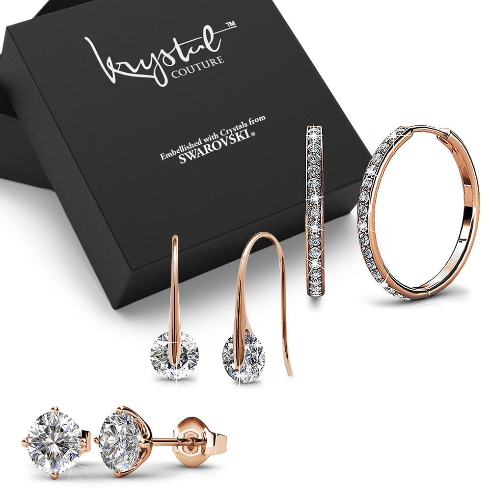 Boxed 3 Pairs of Rose Gold Earrings Set Embellished with Swarovski Crystals - Brilliant Co