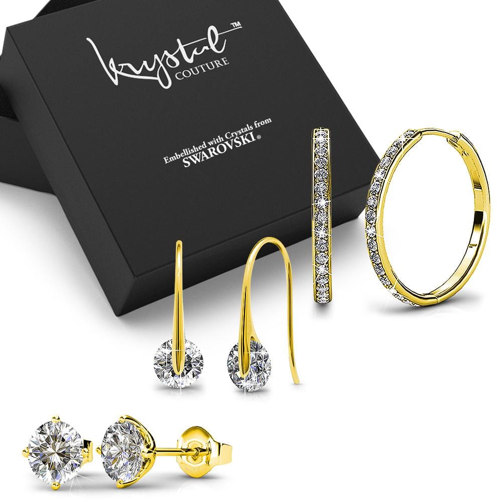 Boxed 3 Pairs of Gold Earrings Set Embellished with Swarovski Crystals - Brilliant Co