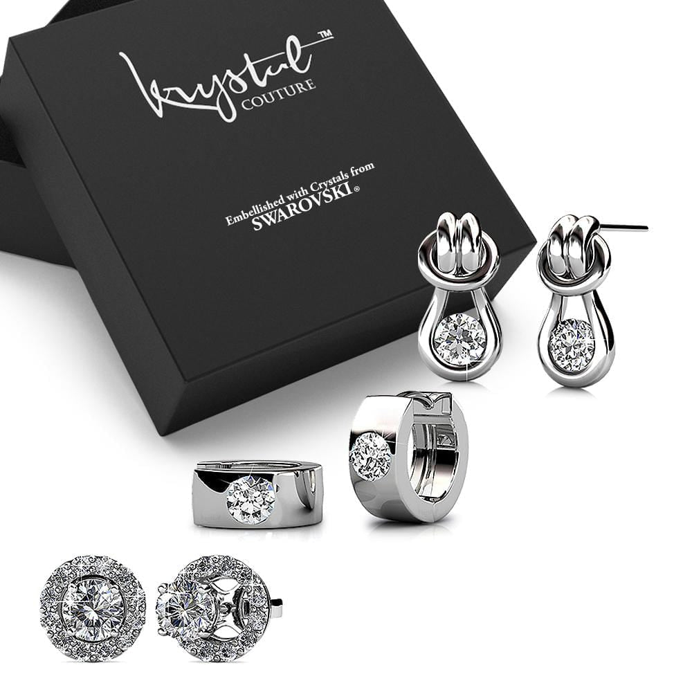 Boxed 3 Pairs of White Gold Earrings Set Embellished with Swarovski Crystals - Brilliant Co