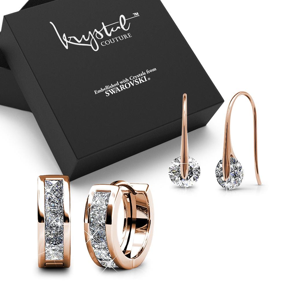 Boxed 2 Pairs of Rose Gold Earrings Set Embellished with Swarovski Crystals - Brilliant Co