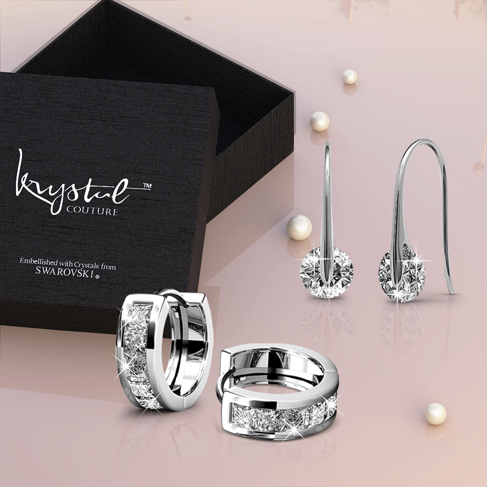 Boxed 2 Pairs of White Gold Earrings Set Embellished with SWAROVSKI® Crystals