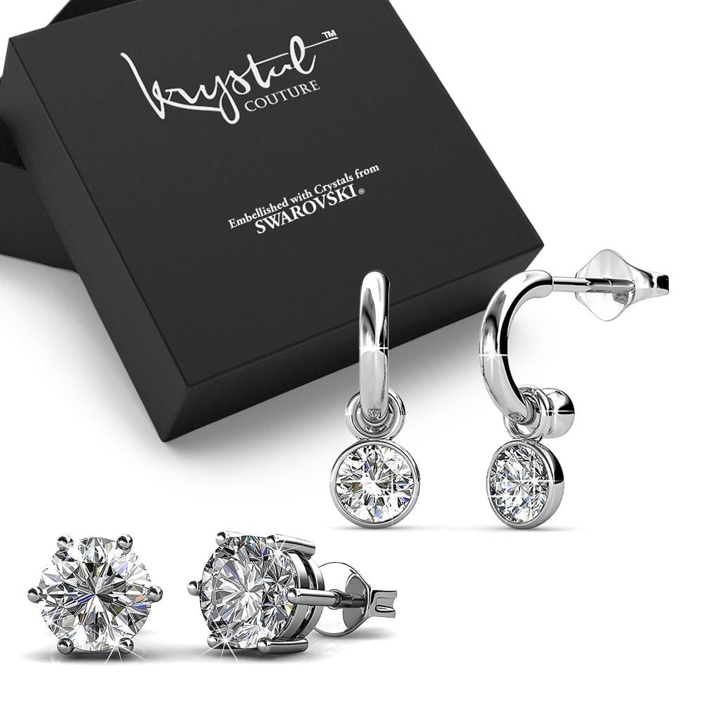 Boxed 2 Pairs of White Gold Earrings Set Embellished with Swarovski® Crystals - Brilliant Co