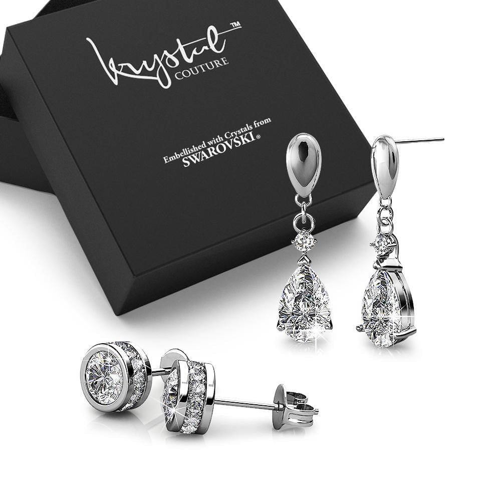 Boxed 2 Pairs of White Gold Earrings Set Embellished with Swarovski Crystals - Brilliant Co