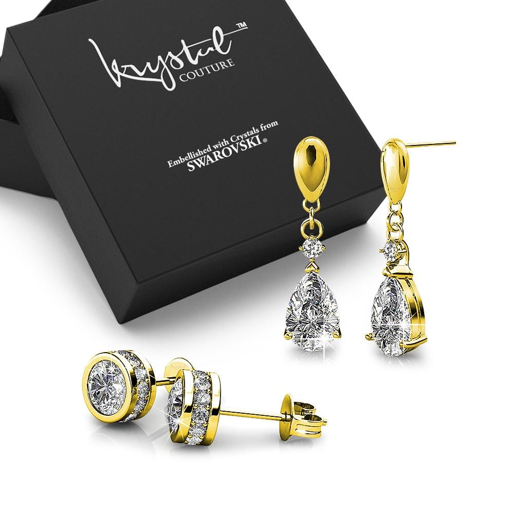 Boxed 2 Pairs of Gold Earrings Set Embellished with Swarovski Crystals - Brilliant Co
