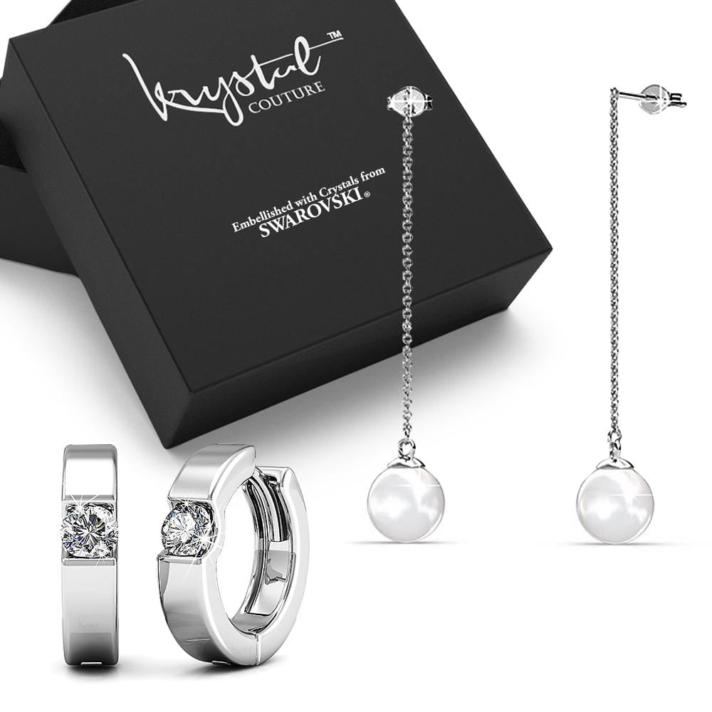Boxed 2 Pairs of White Gold Earrings Set Embellished with Swarovski Crystals - Brilliant Co