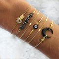 Boxed Bohemian Multi Layered Charm Bead Bracelet and Hoop Gold Plated Earrings Set - Black - Brilliant Co