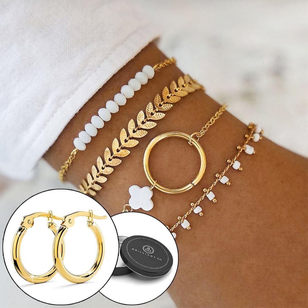 Boxed Bohemian Multi Layered Charm Bead Bracelet and Hoop Gold Plated Earrings Set - White - Brilliant Co