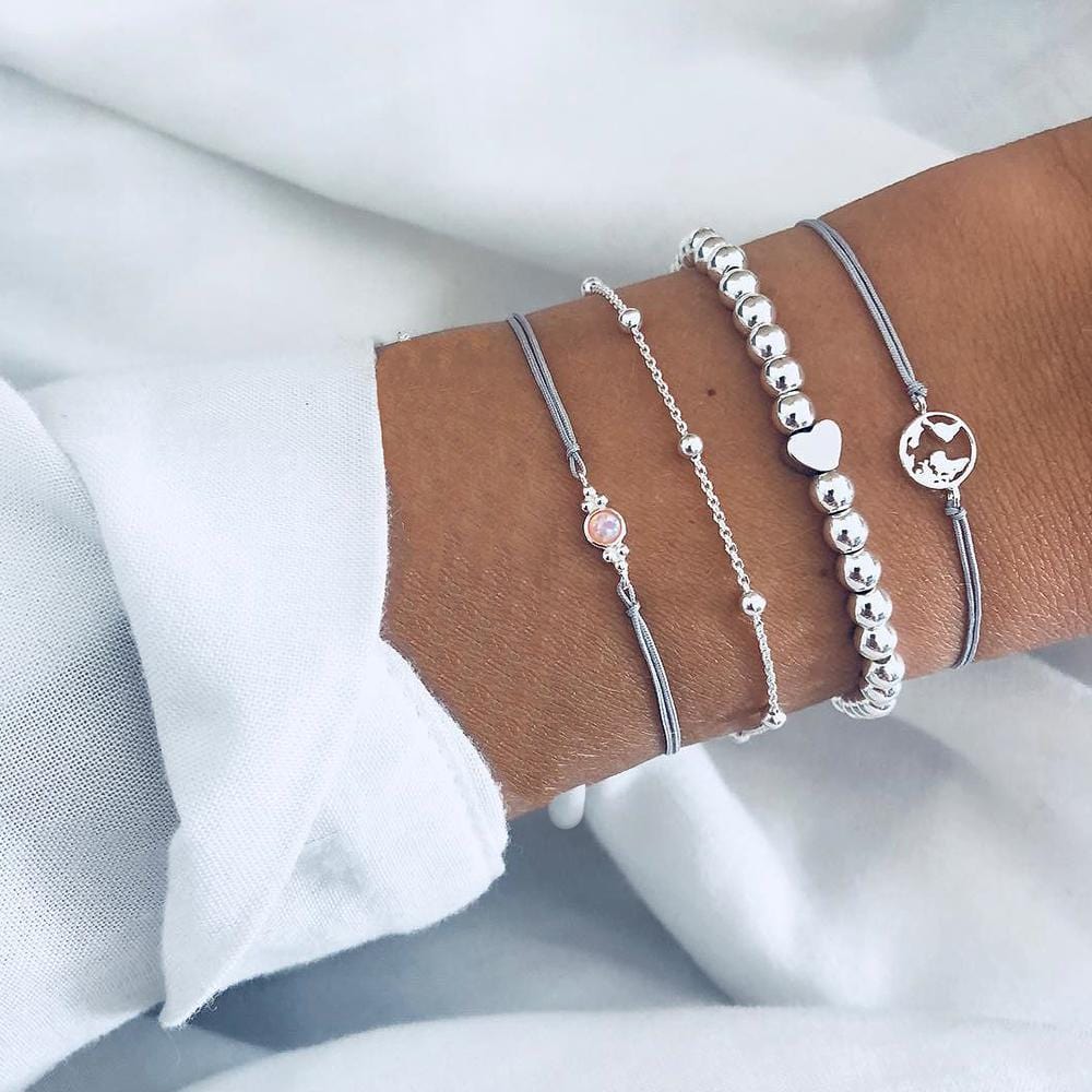 Boxed Bohemian Multi Layered Charm Bead Bracelet and Hoop White Gold Plated Earrings Set - Grey - Brilliant Co