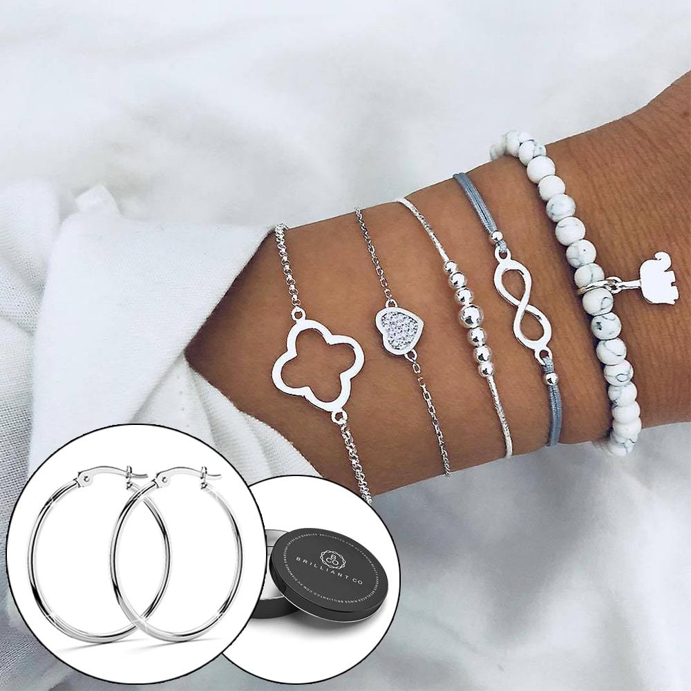 Boxed Bohemian Multi Layered Charm Bead Bracelet and Hoop White Gold Plated Earrings Set - White