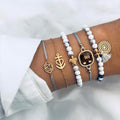 Boxed Bohemian Multi Layered Charm Bead Bracelet and Stud Gold Plated Earrings Set - White