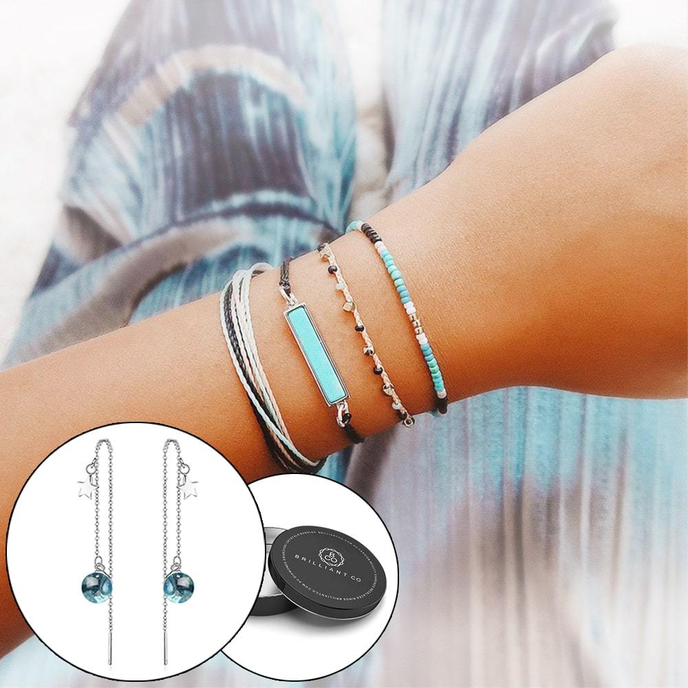 Boxed Bohemian Multi Layered Charm Bead Bracelet and Drop Earrings Set - Teal