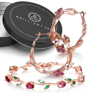 Boxed Exotic Wild Red and Green Floral Bracelet and Hoop Earrings Set in Rose Gold