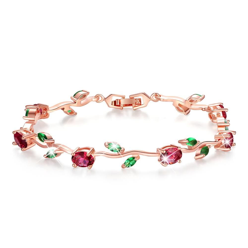 Boxed Exotic Wild Red and Green Floral Bracelet and Hoop Earrings Set in Rose Gold