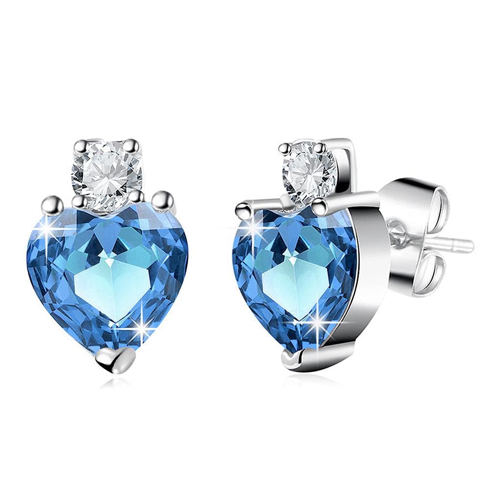 Boxed Ocean Blue Crystal Heart Necklace and Earrings Set In White Gold