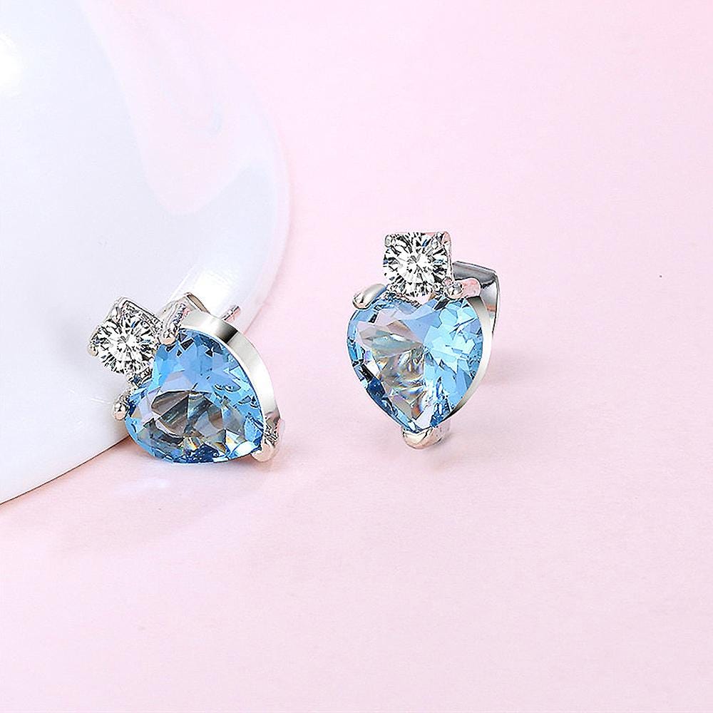Boxed Ocean Blue Crystal Heart Necklace and Earrings Set In White Gold