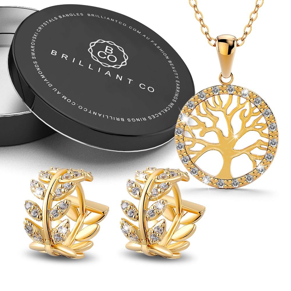 Boxed Tree In Circle of Life Pendant Necklace and Greek Leaf Huggies Earrings Set in Gold Plated - Brilliant Co