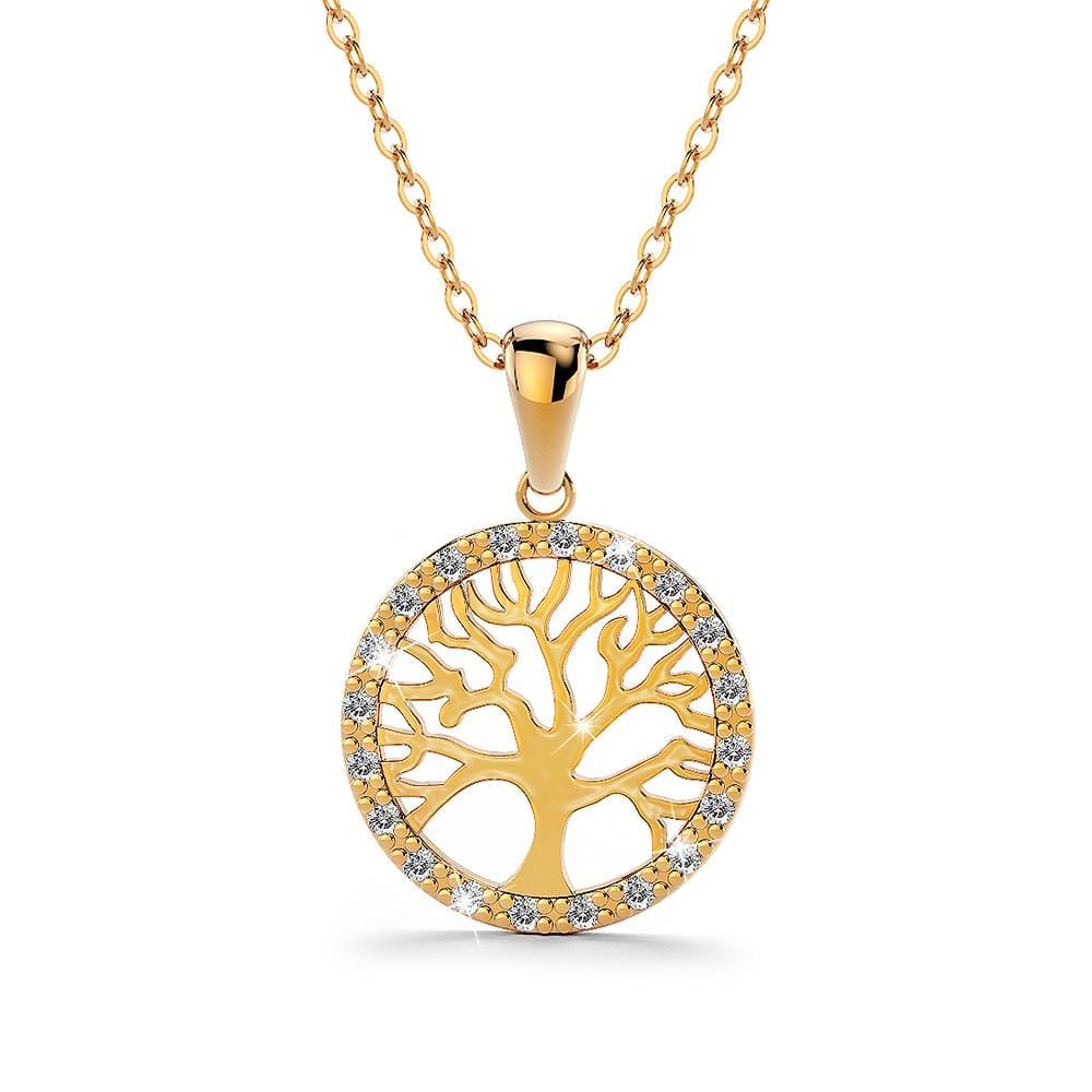Boxed Tree In Circle of Life Pendant Necklace and Greek Leaf Huggies Earrings Set in Gold Plated - Brilliant Co