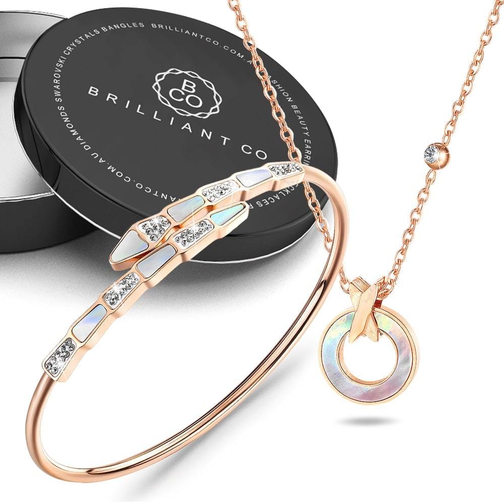 Boxed Pearl Oysters Golden Necklace and Bangle Set in Rose Gold Plated