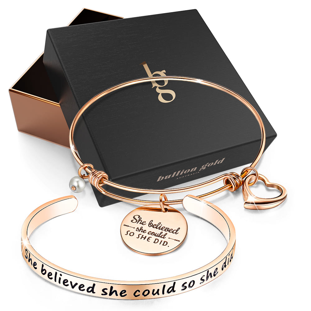 Boxed Double Inspiring Heart Love Charm Rose Gold Cuff and Toggle Bangle Set
