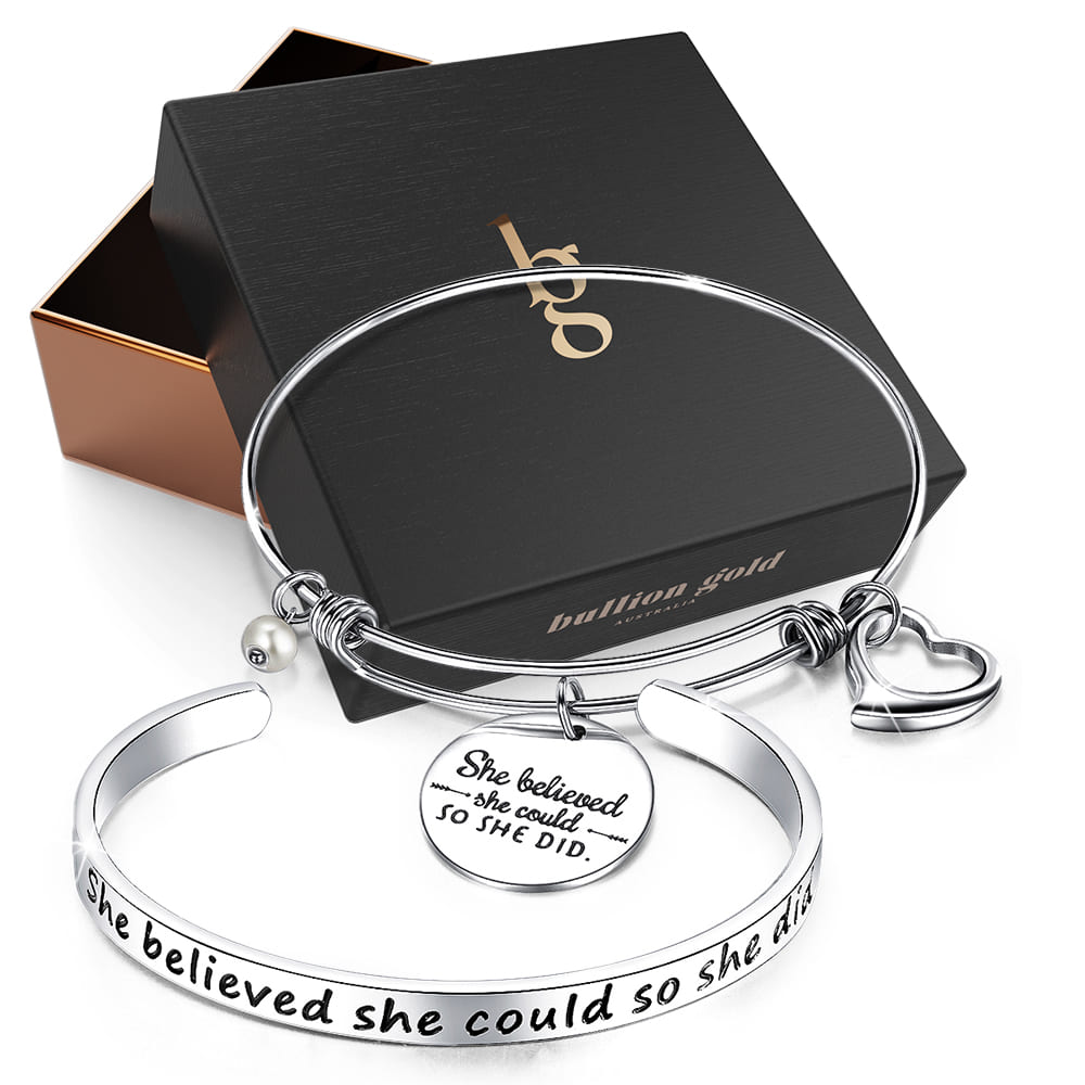 Boxed Double Inspiring Heart Love Charm White Gold Cuff and Toggle Bangle Set