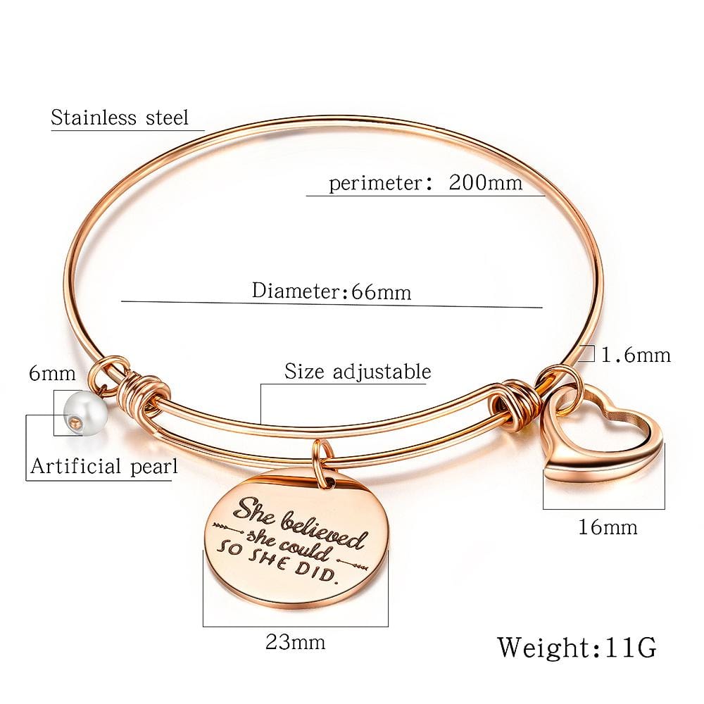 Boxed She Believed She Could Heart Heart Love Charm Toggle Bangle Set in Rose Gold and White Gold Plated