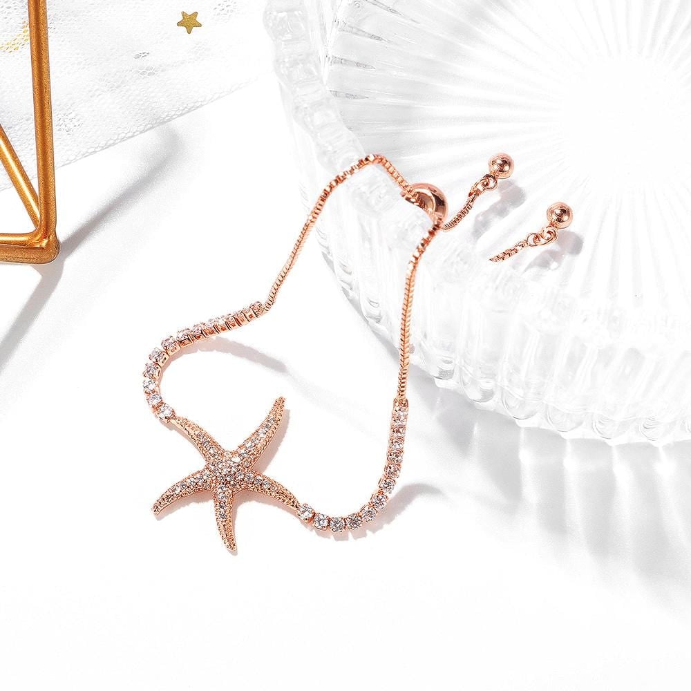 Boxed Starfish Slider Bracelet with Fem Hammered Hoop Earrings in Rose Gold