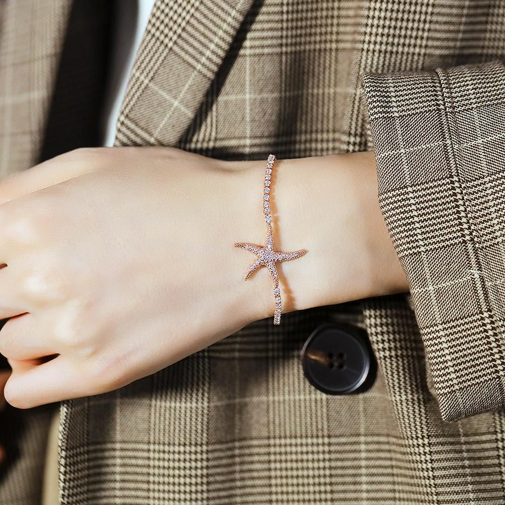 Boxed Starfish Slider Bracelet with Fem Hammered Hoop Earrings in Rose Gold