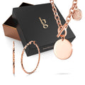 Boxed Round Pendant Toggle Clasp Necklace with Twisted Hoop Earrings in Rose Gold