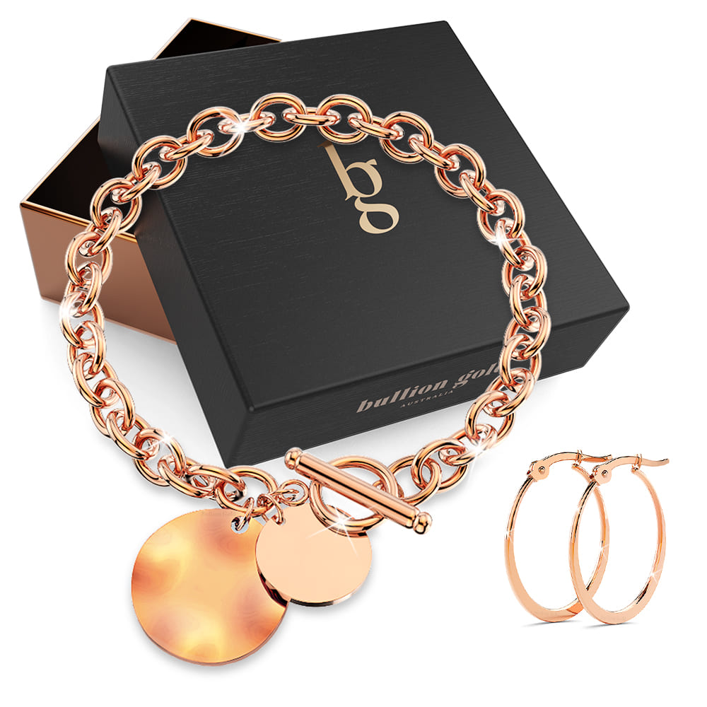 Boxed Hammered Disc Charm Belcher T-Bar Bracelet with Sexy Oval Hoop Earrings in Rose Gold