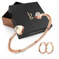 Boxed Heart Love Open Cuff Bangle with Trishia Hoop Earrings in Rose Gold