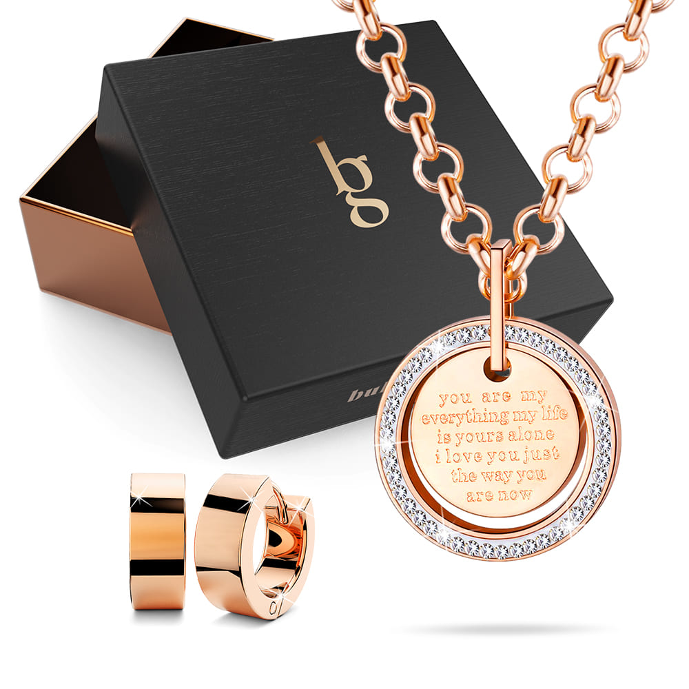 Boxed Deep Meaning Pendant Necklace with Elena Mini Huggie Earrings in Rose Gold
