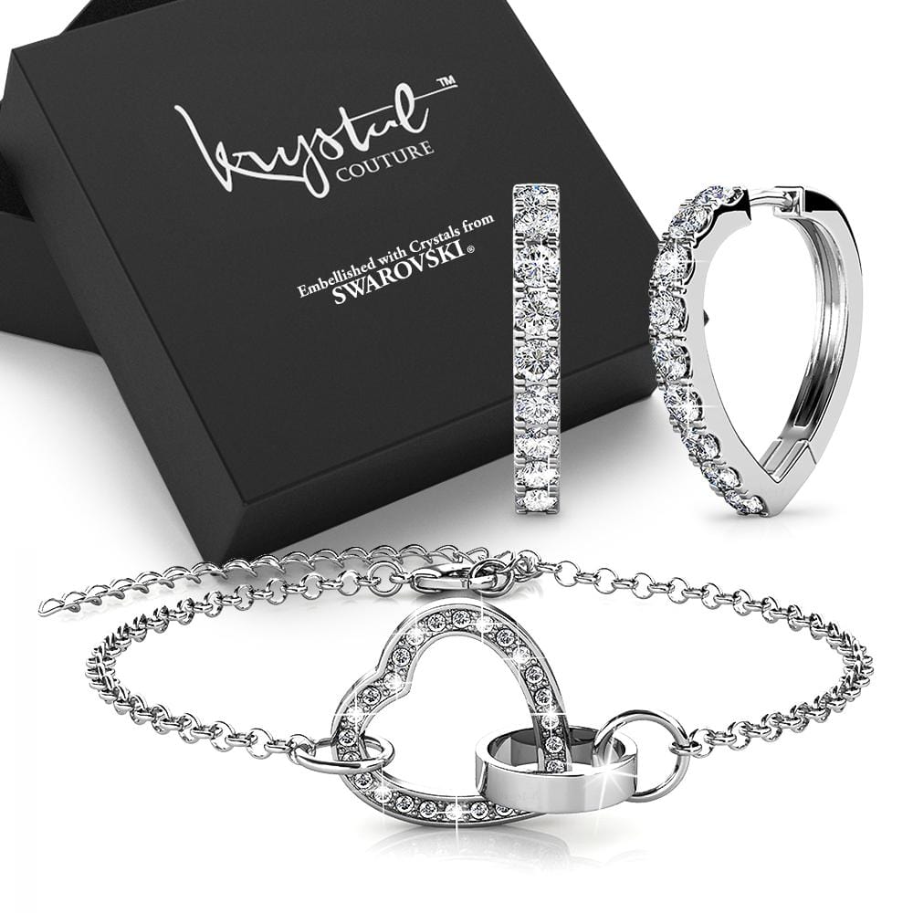 Boxed White Gold Interlocking Heart and Huggie Earrings Set Embellished with Swarovski¬¨√Ü Crystals - Brilliant Co