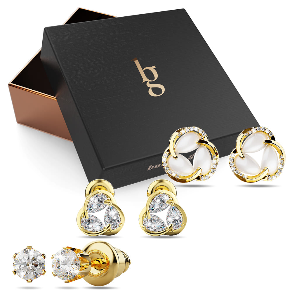 Boxed 3 Pairs Tiara Gold Stud Earrings Set